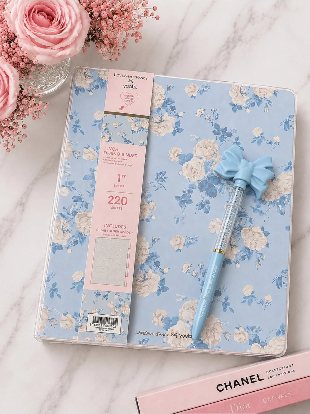 LoveShackFancy Blue Floral Binder with Bow-Top Pen